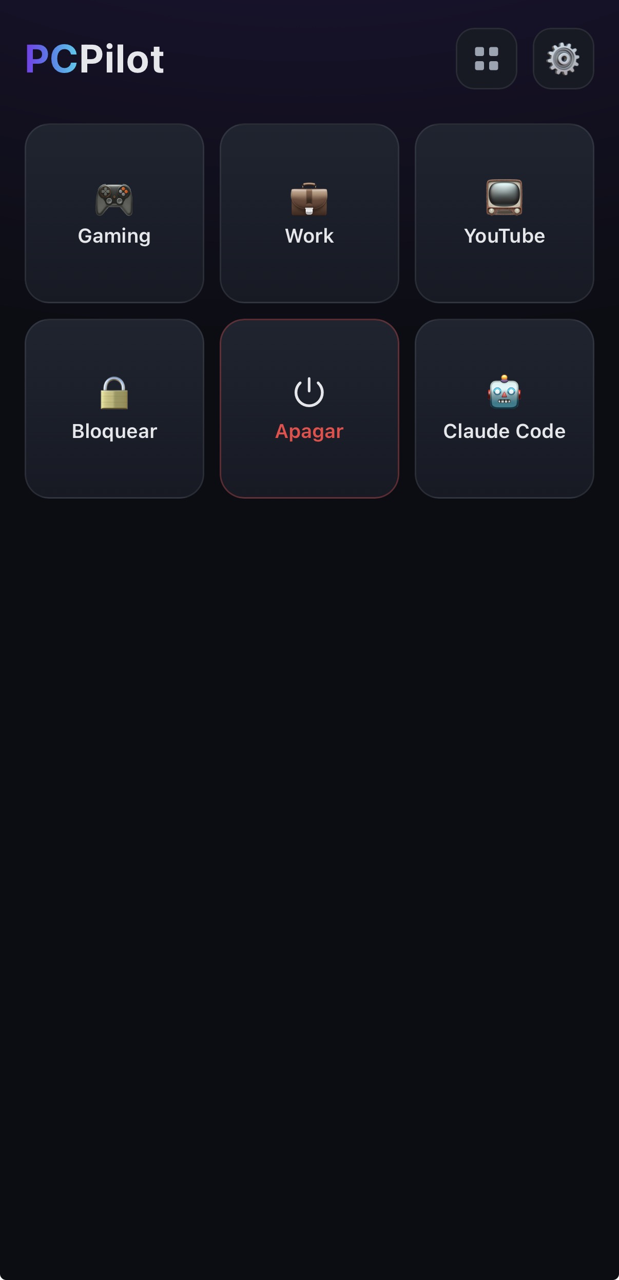 Captura de PCPilot: panel de accesos con modos, apps y acciones de sistema en el iPhone